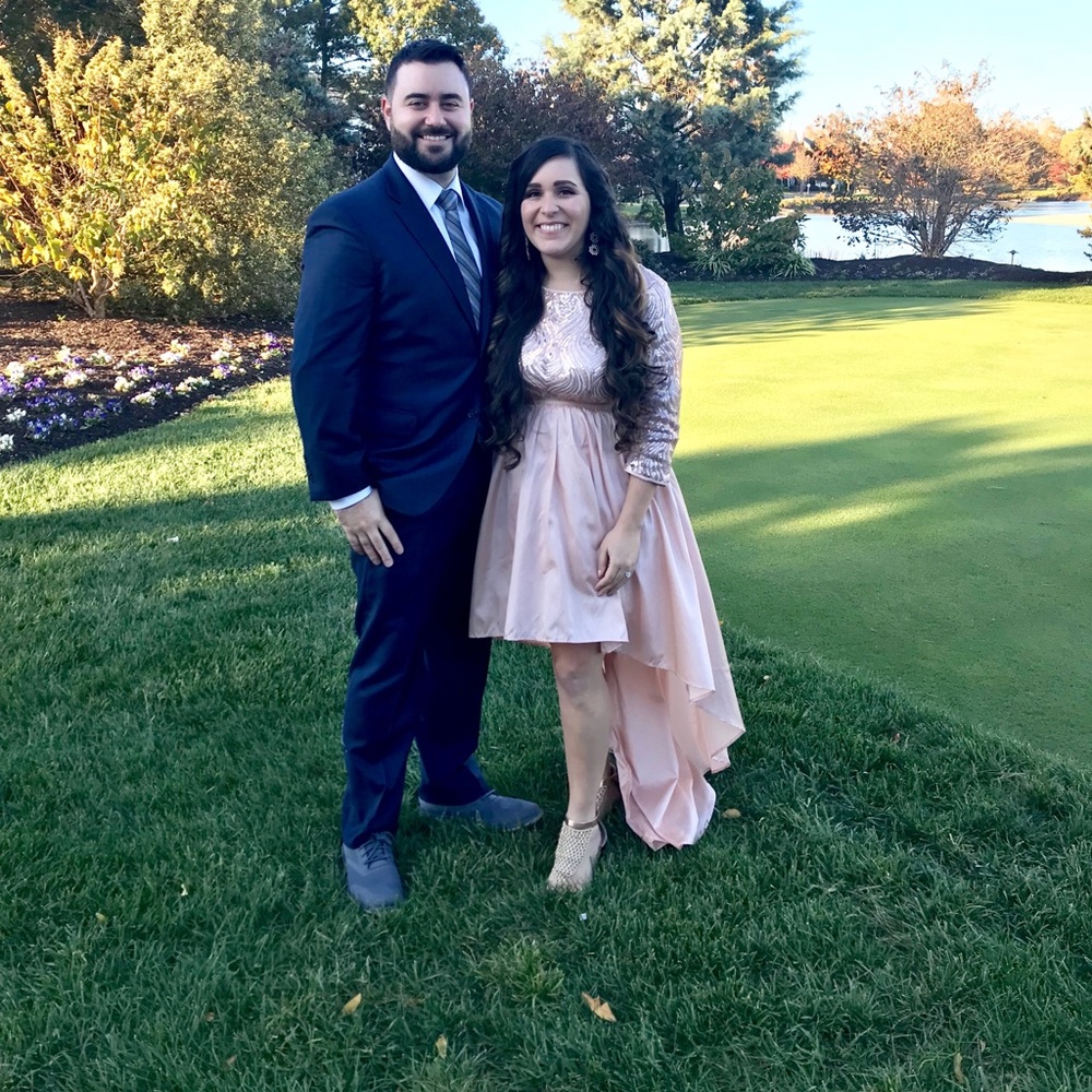 Dress for wedding, sequin rose gold high low